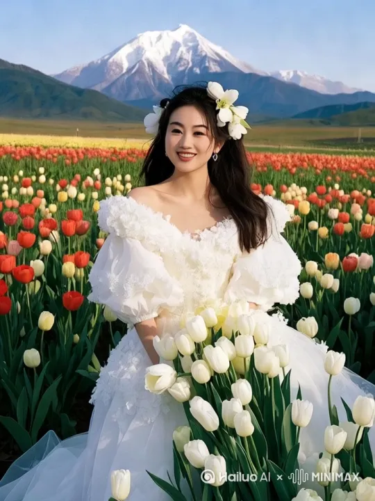 场景设定
 
1. 开场画面：阳光明媚的春日，一片五彩斑斓的郁金香花田占据整个画面，微风轻拂，郁金香轻轻摇曳。远处是连绵的雪山，山顶覆盖着皑皑白雪，在阳光的照耀下闪耀着圣洁的光芒。
 
2. 主体人物：一位身着白色婚纱的女子，婚纱上装饰着精致的花朵元素，蓬松的裙摆如同盛开的花朵。她头戴白色花朵编织成的花环，长发自然垂落或轻轻挽起，发丝间点缀着几朵小花。
 
3. 动作姿态：
 
- 女子缓缓走进花田，脚步轻盈，脸上带着幸福甜美的笑容，时不时停下脚步，轻抚身边的郁金香。
 
- 她蹲下身子，用手轻轻触摸花朵，然后慢慢起身，微微仰头，享受阳光的照耀。
 
- 旋转身体，裙摆飞扬，发丝飘动，展现出婚纱的轻盈与美丽。
 
- 手持一束白色郁金香，深情凝视镜头，眼神中满是温柔与甜蜜。
 
4. 运镜方式：
 
- 开场使用远景镜头，从空中俯瞰整个花田和雪山，展现宏大而美丽的场景。
 
- 逐渐拉近镜头，使用中景和近景镜头，捕捉女子的面部表情、婚纱细节以及手中的郁金香。
 
- 运用跟拍镜头，跟随女子在花田中的脚步移动，展现她的动态美。
 
- 适当使用特写镜头，聚焦在女子的眼睛、婚纱上的花朵装饰、手中的郁金香等细节上。
 
- 偶尔使用环绕镜头，围绕女子旋转拍摄，全方位展示她的美丽和周围的美景。
 
5. 光影效果：阳光从画面的斜上方照射下来，营造出温暖柔和的氛围。花朵和人物身上有自然的光影效果，增强画面的立体感和层次感。
 
6. 背景音乐：选择一首轻柔舒缓的古典音乐或浪漫的钢琴曲，旋律优美，节奏与画面的节奏相匹配，增强视频的浪漫氛围。
 
视频风格与氛围
 
整体视频风格浪漫唯美，充满春日的生机与活力，营造出一种梦幻般的婚礼氛围，传递出幸福、甜蜜和美好的情感 by Hailuo AI Video Generator