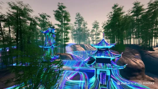 镜头推进,充满国画风格的3D场景中,动态代码如流动的水墨线条般构建出亭台楼阁,传统山水画中的青松与数字光效交织,在竹林掩映的科技空间里,数据流与山石纹理自然融合,柔和光与霓虹光交织,近景视角呈现古典与现代碰撞的奇幻氛围。 by Hailuo AI Video Generator