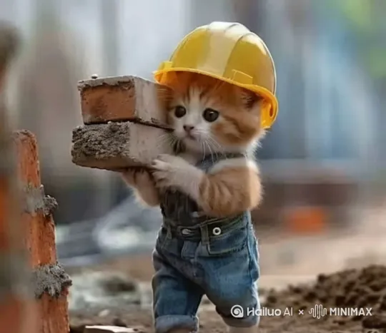主体：小猫咪
动作：在搬运砖块，然后不断地向前走，场景不断变换，也有其他猫猫（虚化）。最后，它累了卸下砖块，擦擦自己的汗水，很辛苦的样子 by Hailuo AI Video Generator