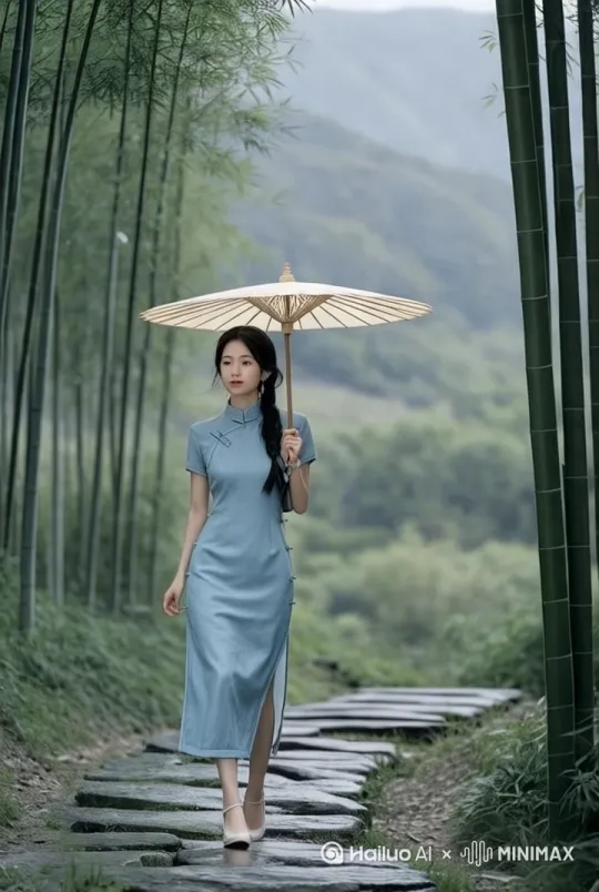 图片中的美女慢慢行走在石板路上 by Hailuo AI Video Generator