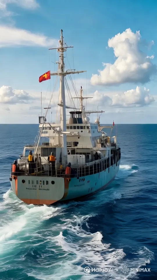 镜头移动，动态跟随，大船飞起来了，鲸鱼从海底跳了出来，张开大嘴，试图把大船吃掉。 by Hailuo AI Video Generator