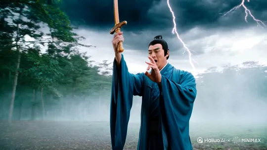 一个帅气的道士，手拿桃木剑双指插诀，口令神咒，召唤雷霆，雷电劈向面前的僵尸 by Hailuo AI Video Generator
