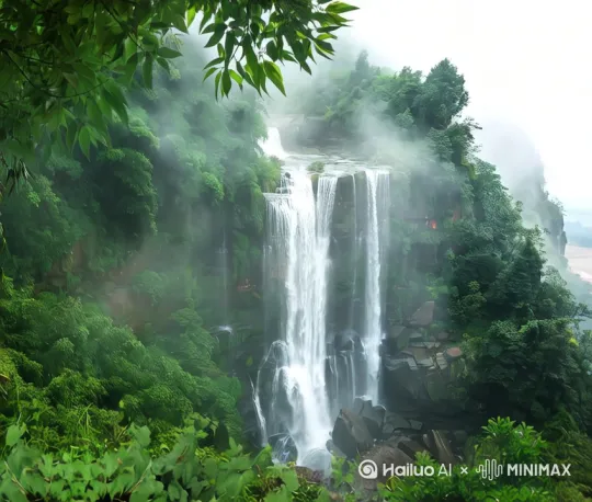 十秒钟以上视频在大山深处，隐藏着一处如诗如画的瀑布，仿佛是大自然精心雕琢的瑰宝。瀑布从高耸的岩壁上飞泻而下，宛如一条银色的绸带，在阳光的照耀下闪烁着晶莹的光芒。水流撞击岩石的声音，如同天籁之音，回荡在山谷之间，仿佛在诉说着古老的故事。 by Hailuo AI Video Generator