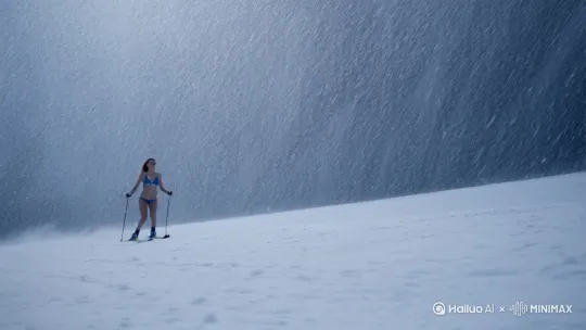 冰天雪地里，下着大雪，美女穿着蓝色比基尼，在滑雪，手持镜头跟随拍摄 by Hailuo AI Video Generator