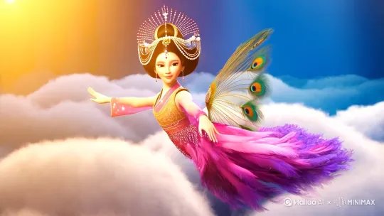 有着绝世容颜。仙气飘飘的美女。腾云驾雾，神话，神仙，洛神，如梦如仙，胶片模拟。高清，电影灯光，眼部装饰着星辰，清秀蓝底，美白效果。8k。跳着舞的美丽的孔雀公主，身穿极为华丽繁复的粉紫色孔雀毛羽衣霓裳，隆重大气的古代盘发发型，头上戴满珠翠首饰，金丝线，孔雀毛，摄影棚灯光，衣服发光，发丝发光，华丽金色碎片，暖光，高质量，杰作，人物高清摄影。小孔雀在飞。 by Hailuo AI Video Generator