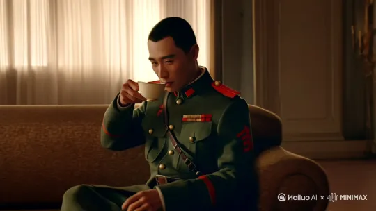 一个非常瘦弱的中国士兵,穿作战服。坐在沙发上喝茶,喝完茶之后痛苦地将自己的上衣撕碎,这个时候他的肚子没有腹肌,先是腹部慢慢地开始显现出腹肌条纹,八块,过程大约半分钟,突出这个过程的所有细节。然后是胸肌,鲨鱼肌,过程大约半分钟,突出过程细节。手臂和腿的肌肉膨胀并撑破衣服。肌肉渐渐膨胀变大成为肌肉男。视频全长一分半。 by Hailuo AI Video Generator