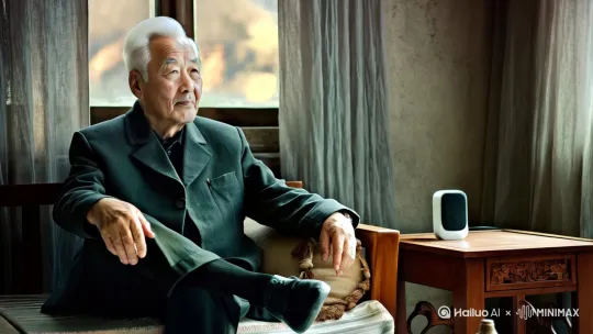 姓名：林建国
年龄：70岁
性别：男性
满头白发，精神尚算矍铄，眉宇间带着忧愁，眼神时常望向远方，透露出一丝孤寂。脸上有明显的岁月痕迹，眼角皱纹细致。穿着一件深灰色中山装，略显旧但干净整齐，搭配一条黑色休闲长裤，脚穿布鞋，袖口略微磨损，体现出老一辈中国人的传统质朴。手指略微颤抖，戴一块老旧的机械手表，象征对过往时光的执念。
写实风格，电影镜头，中景特写，昏暗老旧客厅，70岁白发老人坐在木质沙发上，深灰色中山装，布鞋，手边智能音箱微光闪烁，夕阳透进灰色窗帘，细腻面部皱纹，忧郁神情，静谧光影，现实主义电影色调，温暖偏冷色系，环境真实，镜头虚化背景，氛围安静，细节丰富。

运镜语言：
开头固定镜头，渐慢慢推近至老人脸部细节，捕捉老人神情变化（推镜头），最后镜头轻微摇向智能音箱，呈现科技与孤独并存的氛围（摇镜头）。 by Hailuo AI Video Generator
