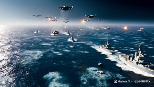 外星战舰降临地球，在大海上攻击人类战舰，人类战舰被打爆炸[下降,拉远,下摇] by Hailuo AI Video Generator