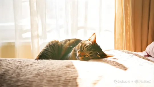 睡在床边的狸花猫被窗外的阳光晃到眼睛从梦中惊醒，睡眼蒙松的缓缓睁开眼，还有忘记收回的舌头，镜头逐渐推进的过程中向右旋转，画面色调自然，氛围温馨 by Hailuo AI Video Generator