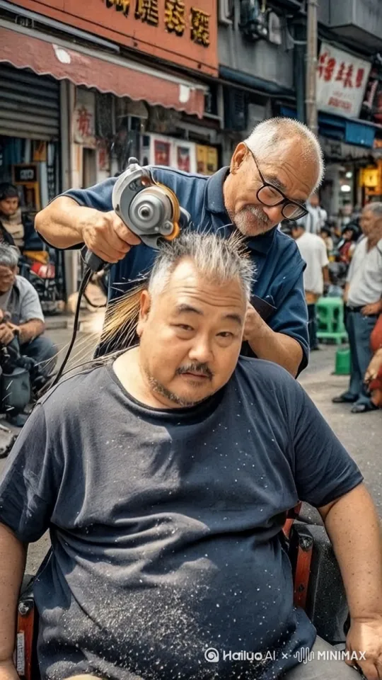 大爷拿着角磨机表情严肃地仔细打磨着胖男子的头发，只见角磨机所到之处火花四溅，碎发飞舞飘落，胖男突然瞪大眼睛张大嘴，紧握双拳，紧咬嘴唇，伸出舌头，紧皱双眉，一动也不敢动，表情夸张搞笑，镜头细致捕捉胖男的脸部表情，胖男变成光头
 by Hailuo AI Video Generator
