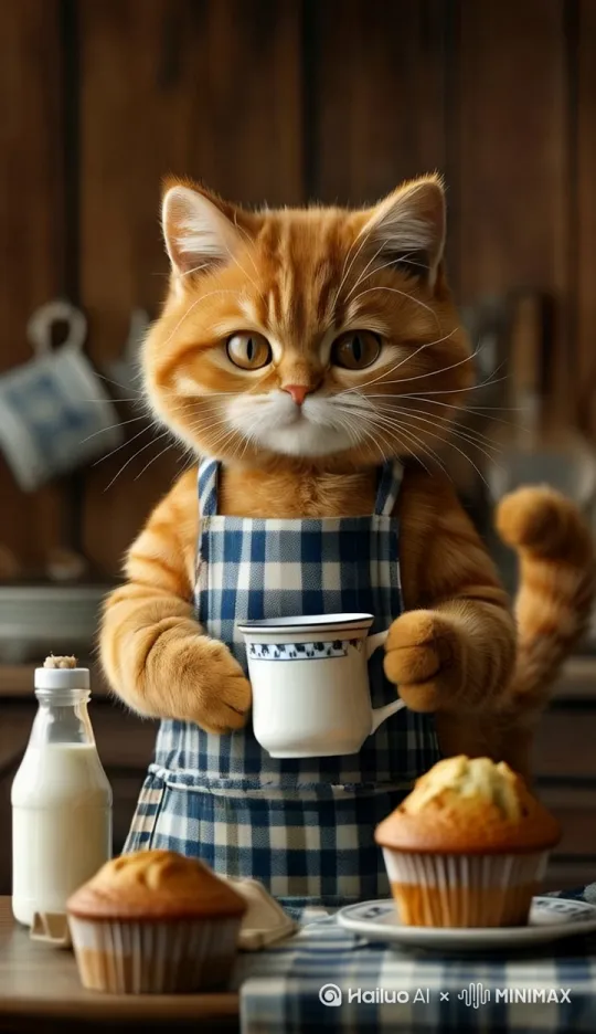 蓝白格子围裙橘猫，执行“放杯—拿奶瓶倒奶—端杯喝牛奶—拽松饼边吃边喝”动作，尾巴轻晃，搭配厨房场景布置，突出橘猫治愈系动作细节，营造温馨氛围 by Hailuo AI Video Generator