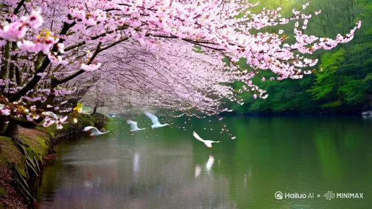 湖畔的樱花树正值盛放，浅粉的花瓣随风簌簌飘落，仿佛一场温柔的雪。几只白鹭掠过水面，翅膀拍打的节奏与林间不知名的鸟鸣交织，远处传来溪流撞击青石的泠泠声。忽然，一阵风卷起地上的花瓣，在空中旋成漩涡，穿过木制栈桥，惊醒了桥边打盹的橘色野猫——它伸了个懒腰，又蜷进蒲公英丛中 by Hailuo AI Video Generator