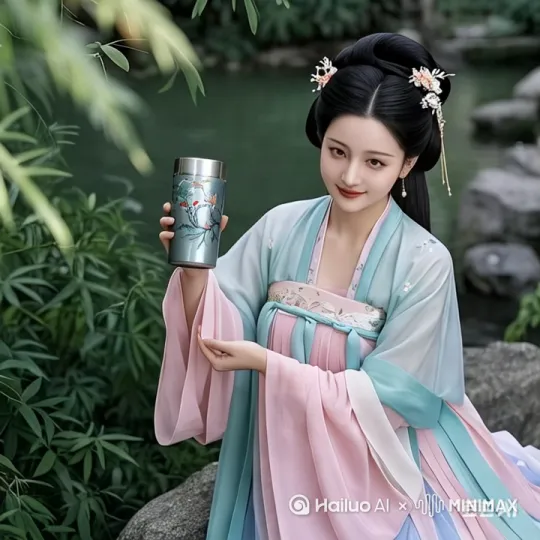 美女轻轻将钛杯放在嘴边，轻轻饮了一小口，面色淡然恬静 by Hailuo AI Video Generator