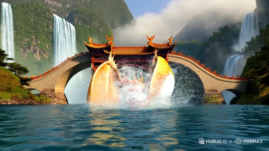 一条巨大的锦鲤奋力越过龙门变化成喷云吐雾的中国金龙 by Hailuo AI Video Generator