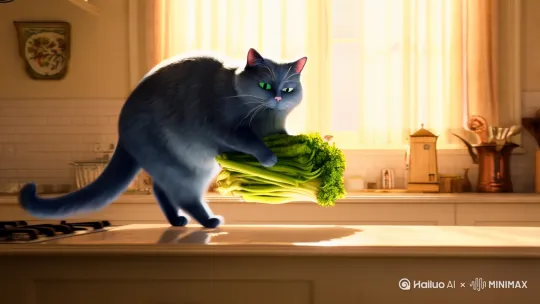 厨房里一只蓝色胖猫在水槽边洗菜 by Hailuo AI Video Generator