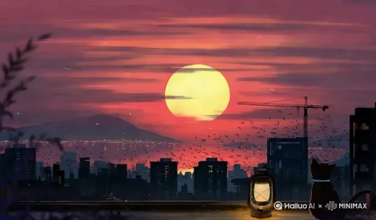 场景设定：城市暮色

📽 核心画面：

动态天空 - 紫红渐变晚霞中，巨大落日以0.5倍速缓缓沉入地平线，云层流动形成实时变化的光影折射
剪影交响 - 现代建筑群以延时摄影方式亮起轮廓光，起重机吊臂在暮色中缓慢旋转作业
生态韵律 - 飞鸟群像粒子特效般散入画面，飞行轨迹留下0.3秒残影，与远处山脉的雾效流动形成动态平衡
微观剧场 - 右下角猫咪每隔8秒眨动琥珀色眼睛，项圈铃铛随动作轻微震颤，马灯光晕产生呼吸式明暗变化
🎬 运镜方案：

开篇10秒无人机仰角推进（高度从50米降至20米）
中段20秒水平横移+缓速变焦（焦距28mm→35mm）
收尾10秒猫眼主观视角（模拟瞳孔收缩特写）
🌈 特效参数：

辉光强度：72%
动态模糊：Level4
色温曲线：从5500K渐变到3200K
粒子密度：每帧120-150个光点
⏱ 时序结构：
0:00-0:30 落日沉降（3倍速）
0:30-1:10 城市灯光觉醒（现实时间流速）
1:10-1:30 微观特写段落（0.5倍速）

建议搭配环境音轨：低频城市白噪音（63dB）叠加高频海鸥鸣叫（8kHz），底噪铺设极简主义钢琴琶音（C大调，每分钟62拍）[固定镜头] by Hailuo AI Video Generator