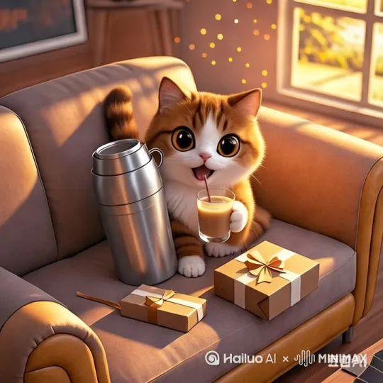 猫咪收到一份快递礼物，是一个纯钛保温杯。非常高兴，她用钛杯泡了一杯咖啡，坐在沙发上细细品味，享受非常 by Hailuo AI Video Generator