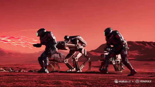未来的火星战场上，身着全包裹式的动力甲的人类士兵与大大小小的机器人辅助士兵与科技同样发达的火星人交战。双方都使用了各种等离子武器和激光武器，于是各种颜色的激光、等离子体在战场上交叉飞舞着。 by Hailuo AI Video Generator