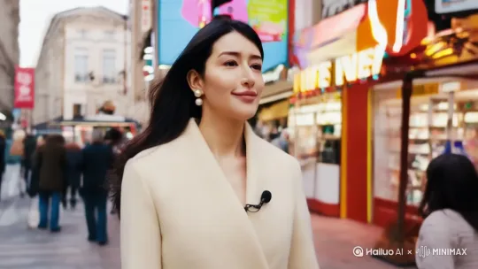 一位优雅的女士行走在车水马龙的大街上，这位女士步伐优雅，表情自信，与街上的其他人忙碌的步伐形成了鲜明的对比 by Hailuo AI Video Generator
