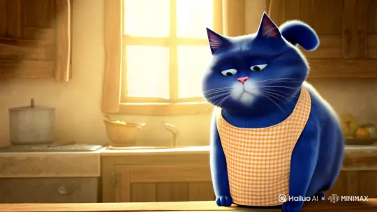 厨房里一只蓝色胖猫在切洋葱 by Hailuo AI Video Generator