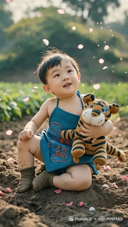 小男孩从地上慢慢的立起身，一边往前跑，一边喊着奶奶奶奶，一边哈哈的笑着，一边喊我来了，快来接我呀 by Hailuo AI Video Generator