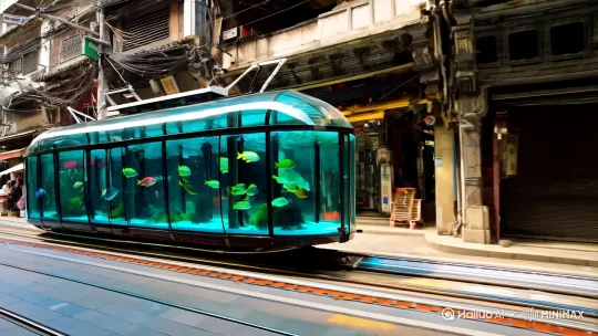 一辆超现实的玻璃有轨电车，设计如同水族馆，在香港古老的城市街道缓慢平稳行进，电车内由透明玻璃墙构成，内部充满清澈透明的水，清晰可见的色彩斑斓的异国鱼儿欢快的游来游去，营造出令人惊叹的水下景色，电车在光滑的轨道上周围是充满活力，细节丰富。 by Hailuo AI Video Generator