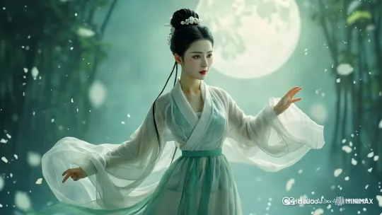 [拉远]人物看向镜头用左手打招呼，发丝/衣摆飘动仙气飘飘，侧逆光，发丝发光，4k超精细 by Hailuo AI Video Generator
