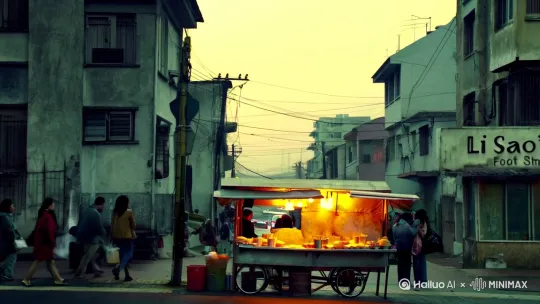 ### 悬疑短片开头画面分镜

#### **镜头1：全景（Establishing Shot）**
- **画面描述**：清晨的城市街道，行人稀少。街边有一个简陋但热闹的煎饼摊，周围是几栋老旧的居民楼。远处有一家修脚铺，招牌上写着‘’李嫂修脚‘’，招牌有些陈旧。
- **音效**：背景音乐轻柔而神秘，夹杂着街头的嘈杂声（车辆行驶、远处的人声等）。
- **时长**：5秒
- **台词/旁白**：无
真实画面

[下降,右移,变焦推进] by Hailuo AI Video Generator