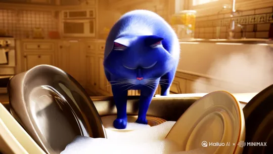 厨房里一只蓝色胖猫在洗碗 by Hailuo AI Video Generator