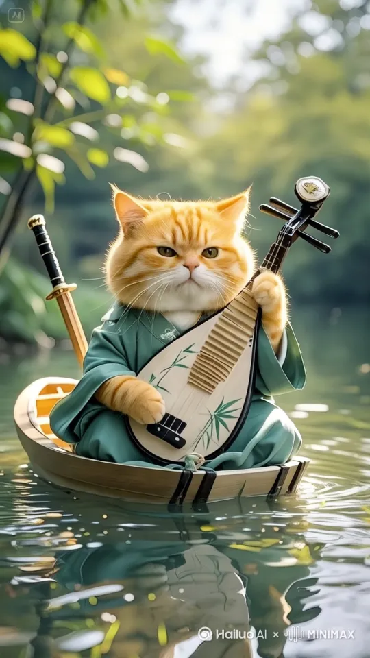 画面以高清逼真画质呈现，一只身着绿色古装的橘猫端坐小船上，怀抱琵琶，拨着琴弦，背后佩剑。阳光洒落河面波光粼粼，四周翠竹环绕。镜头从猫咪特写慢慢拉远，小船顺着潺潺河流缓缓远去，营造出如《笑傲江湖》英雄远去氛围感 。[拉远] by Hailuo AI Video Generator