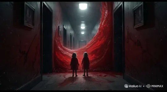 红色血液在长廊中喷涌冲入 by Hailuo AI Video Generator
