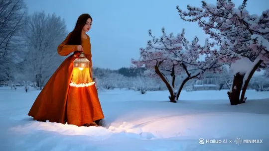 "琥珀织金马面裙女子[上升+左摇]提琉璃宫灯踏雪，珍珠流苏步摇与雪花碰撞碎裂[变焦推近]，朱砂梅林惊起寒雀振翅[右移+下摇]" by Hailuo AI Video Generator