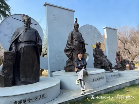 让照片人物背后的4个黑色雕像跳个舞 by Hailuo AI Video Generator
