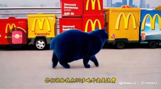 一只蓝色的胖猫说你们说给我点90吨外卖是浪费[右移,跟随] by Hailuo AI Video Generator