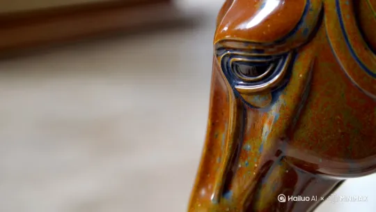 Tang dynasty tri-color pottery horse, hyper-realistic close-up, mercury-like tear dropping from eye, forming word "Home" on marble floor, cinematic depth of field by Hailuo AI Video Generator