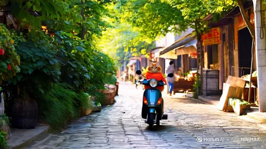 菊猫骑着电动车去卖菜 by Hailuo AI Video Generator