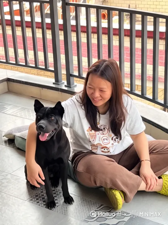 女人在背后拿出生日蛋糕，和狗子很开心的庆祝狗子5岁生日，并且一起很开心的吹蜡烛[推出,上升,下摇] by Hailuo AI Video Generator