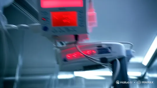[左移,上升]镜头扫过ICU病房顶部的红光监控，旁白响起：
"这只机械蜘蛛在记录一场精心设计的死亡。当心率监测器成为谋杀计时器，陆沉在神经毒素与祖传玉佩的对抗中，正经历着双重觉醒——被篡改的基因链与沉睡千年的血脉传承。" by Hailuo AI Video Generator