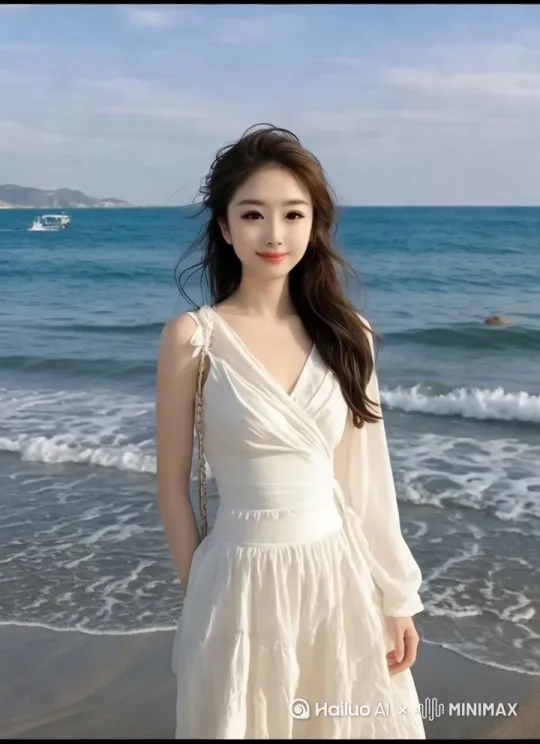 海水拍打着沙滩，风吹起头发，人物漫步在沙滩上，风吹起裙摆，精准动态步态捕捉！ by Hailuo AI Video Generator