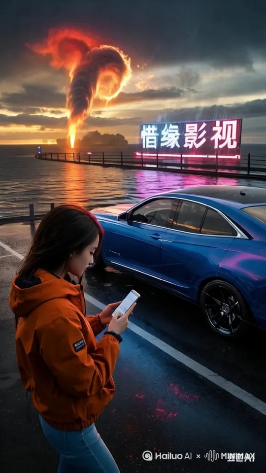 龙卷风旋转，海水倒灌，人物向前走路，看向龙卷风方向，无人机镜头跟随 by Hailuo AI Video Generator