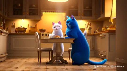 厨房里一只蓝色胖猫在和一只白色的猫一起共进晚餐 by Hailuo AI Video Generator