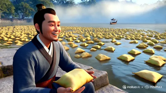 "4K高清，战国风格，屈原坐在河边石阶，手捧冒着热气的粽子，满脸喜悦；河面漂浮着数千个金字塔形粽子，竹叶随波荡漾，晨雾弥漫；镜头从河面粽子特写拉远，展现屈原吃粽子的全景，最后定格在龙舟轮廓的远景；写实3D渲染，中国风水墨质感，流畅60帧，粽子碰撞物理效果，雾气体积光渲染 --视频时长6秒 --无现代元素 --无塑料质感 --无卡通风格" by Hailuo AI Video Generator