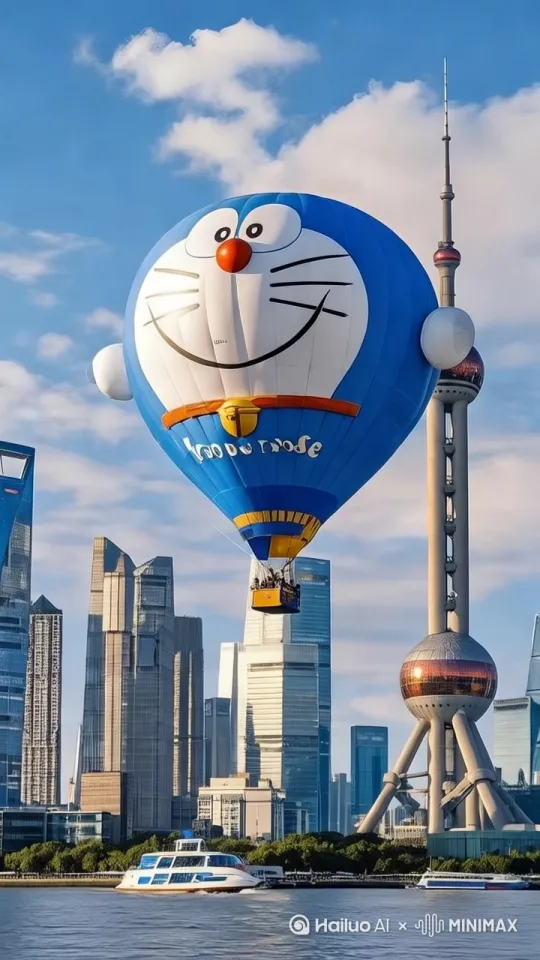明亮阳光下的都市风光，蔚蓝天空与洁白云朵映衬着繁华的城市天际线。一只巨型蓝白相间的"哆啦A梦"主题热气球悠然飘荡，下方黄浦江上一艘游轮正破浪前行。热气球上欢声笑语，乘客们手握栏杆，兴奋地眺望四周。东方明珠塔与摩天大楼群构成标志性背景，彰显上海的现代魅力。画面采用环绕运镜，从左至右展现热气球与船只的动态轨迹，营造出一种欢快而自由的氛围。广角镜头捕捉整个场景，呈现壮观的城市画卷。 by Hailuo AI Video Generator