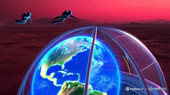 “火星基地穹顶破裂，宇航员在失重状态下漂浮抢救数据板，地球全息投影突然播放‘氧气回收失败’，镜头随宇航员撞向穹顶裂缝（镜头从数据板特写急速上升至太空视角，裂缝中溢出星空）。”
运镜指令：
失重模拟：人物漂浮+物品悬浮（镜头环绕拍摄）
视觉冲突：地球投影的温暖蓝光 vs 火星的荒芜红光
高潮镜头：撞击裂缝时画面碎裂（加入裂纹特效+静音处理） by Hailuo AI Video Generator