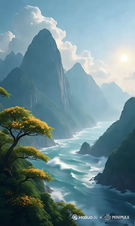 [左移,上升]，海浪汹涌，微风吹动树木和花草 by Hailuo AI Video Generator