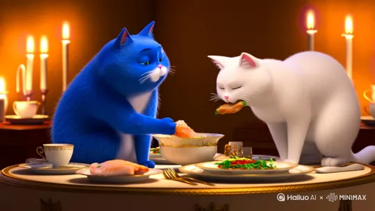 一只蓝色胖猫和一只白色猫咪一起共进晚餐 by Hailuo AI Video Generator