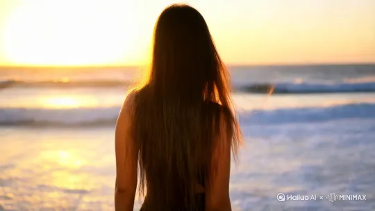 女人回眸，穿着显身材的衣物，背影，然后女人回眸看向镜头，海边夕阳，风吹动着女人的头发，显得很浪漫，阳光刺眼，温暖的景象 by Hailuo AI Video Generator