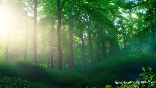 画面：阳光穿透高耸的翠绿树冠，形成光斑洒在雾气氤氲的林地上。镜头缓缓横移，展现森林的纵深与静谧。一只金毛犬突然从右下方的灌木丛中窜出，耳朵随风摆动，兴奋地吐着舌头。镜头轻微晃动，模拟追逐感。[跟随]金毛犬跑到男孩面前，男孩抚摸着小狗的头，小孩面带微笑[跟随] by Hailuo AI Video Generator