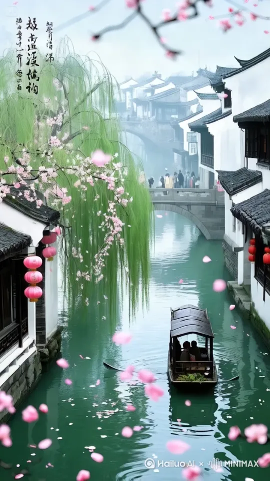 船动，垂柳摇动，水面涟漪，[右移，左摇]。 by Hailuo AI Video Generator