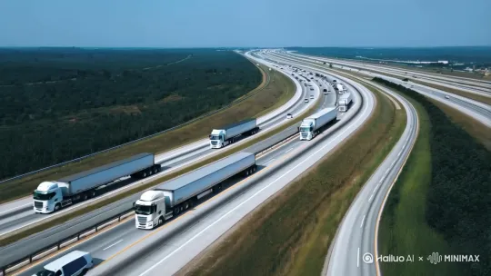 镜头俯视：物流，公路几辆大货车，在行驶 by Hailuo AI Video Generator